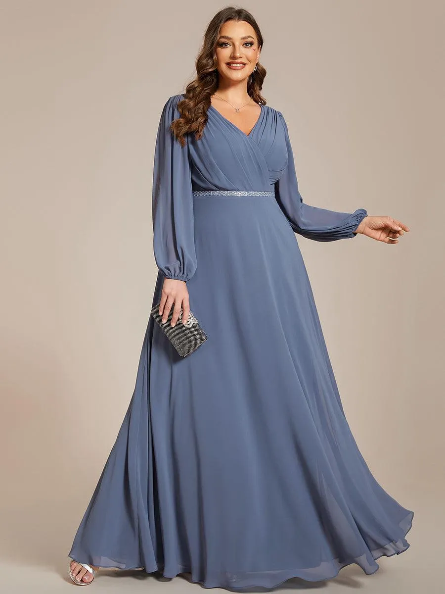 Robe de soirée plissée en mousseline de soie double col en V manches longues ceinture brillante