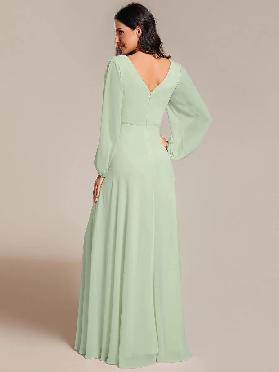 Robe de soirée plissée en mousseline de soie double col en V manches longues ceinture brillante