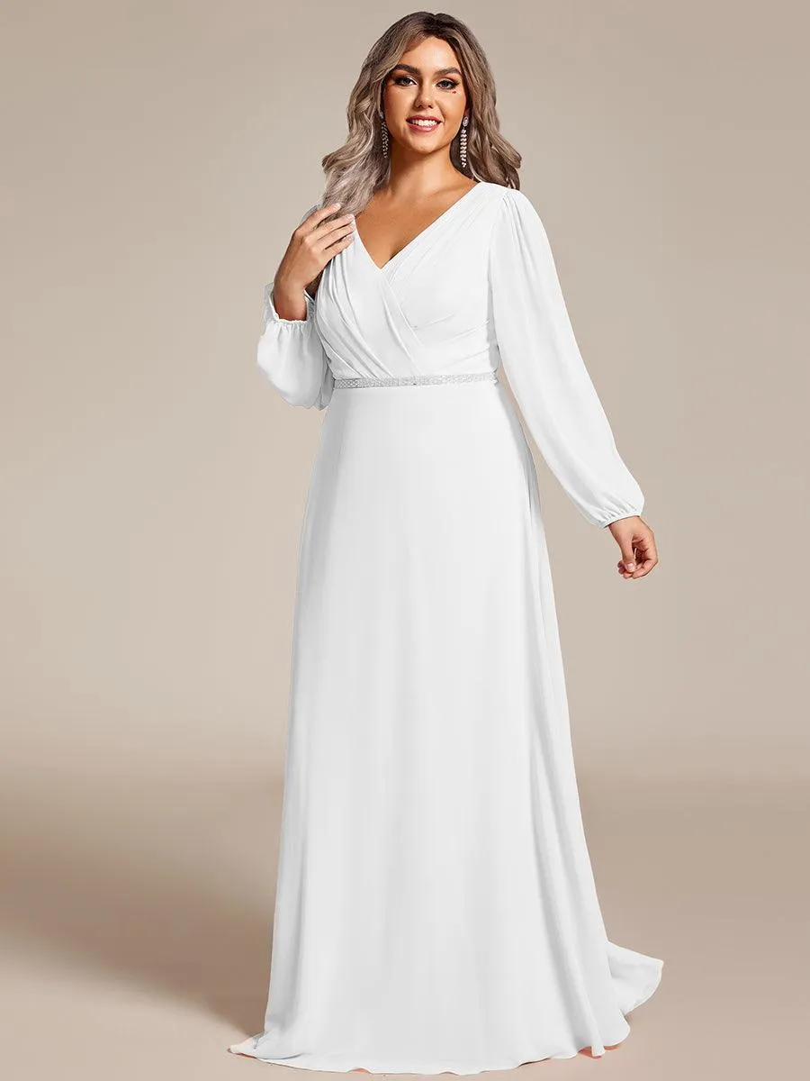 Robe de soirée plissée en mousseline de soie double col en V manches longues ceinture brillante
