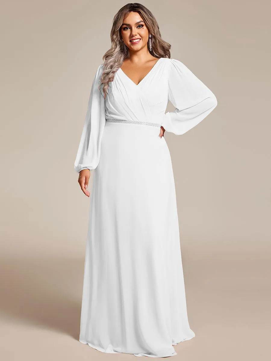 Robe de soirée plissée en mousseline de soie double col en V manches longues ceinture brillante