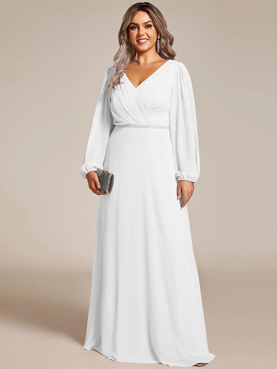 Robe de soirée plissée en mousseline de soie double col en V manches longues ceinture brillante
