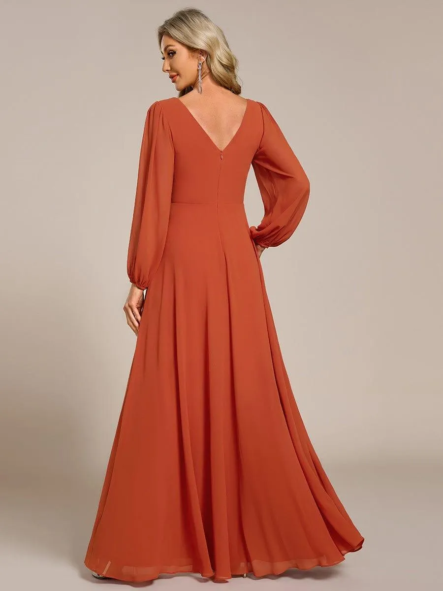 Robe de soirée plissée en mousseline de soie double col en V manches longues ceinture brillante