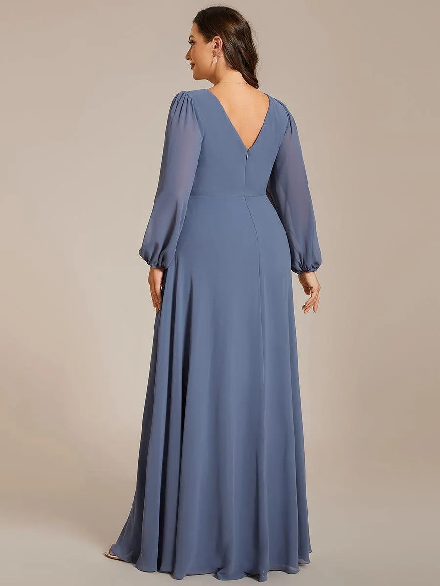 Robe de soirée plissée en mousseline de soie double col en V manches longues ceinture brillante