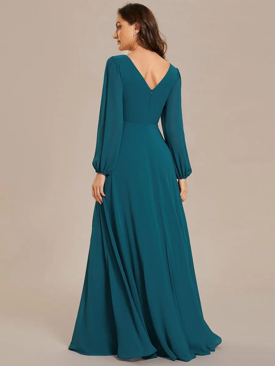 Robe de soirée plissée en mousseline de soie double col en V manches longues ceinture brillante
