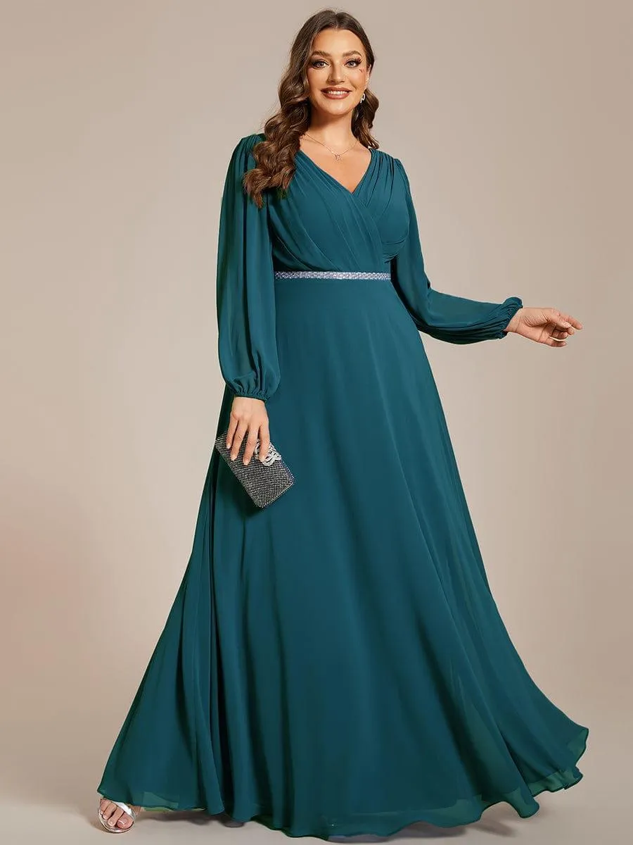 Robe de soirée plissée en mousseline de soie double col en V manches longues ceinture brillante