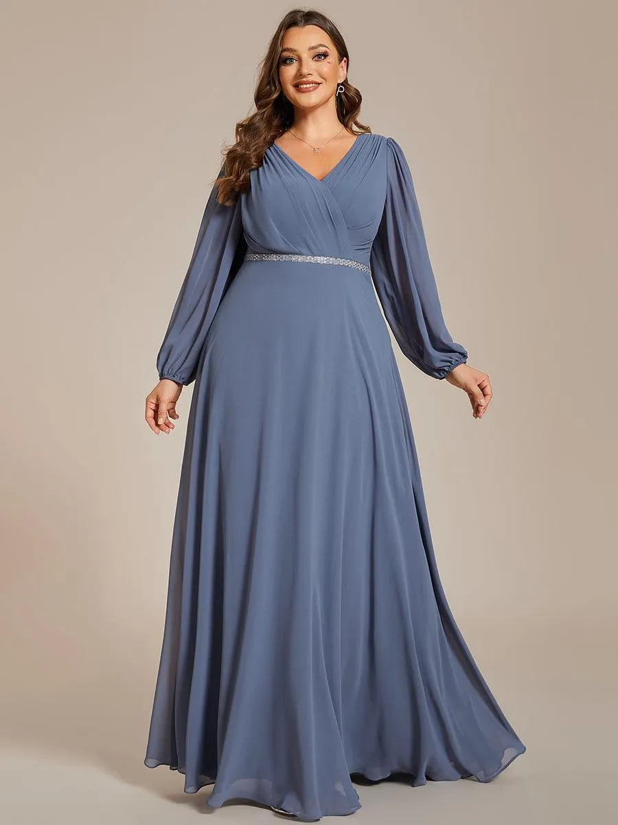 Robe de soirée plissée en mousseline de soie double col en V manches longues ceinture brillante