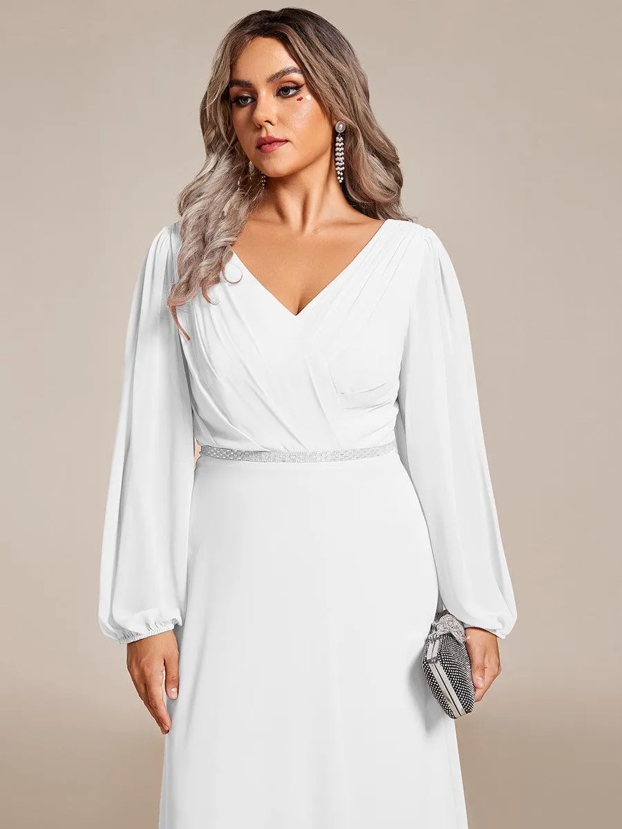 Robe de soirée plissée en mousseline de soie double col en V manches longues ceinture brillante