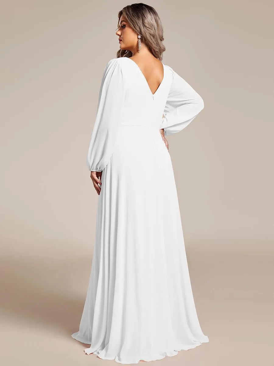 Robe de soirée plissée en mousseline de soie double col en V manches longues ceinture brillante