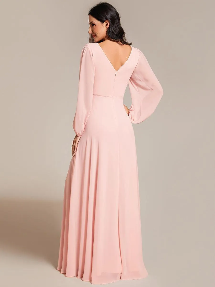Robe de soirée plissée en mousseline de soie double col en V manches longues ceinture brillante