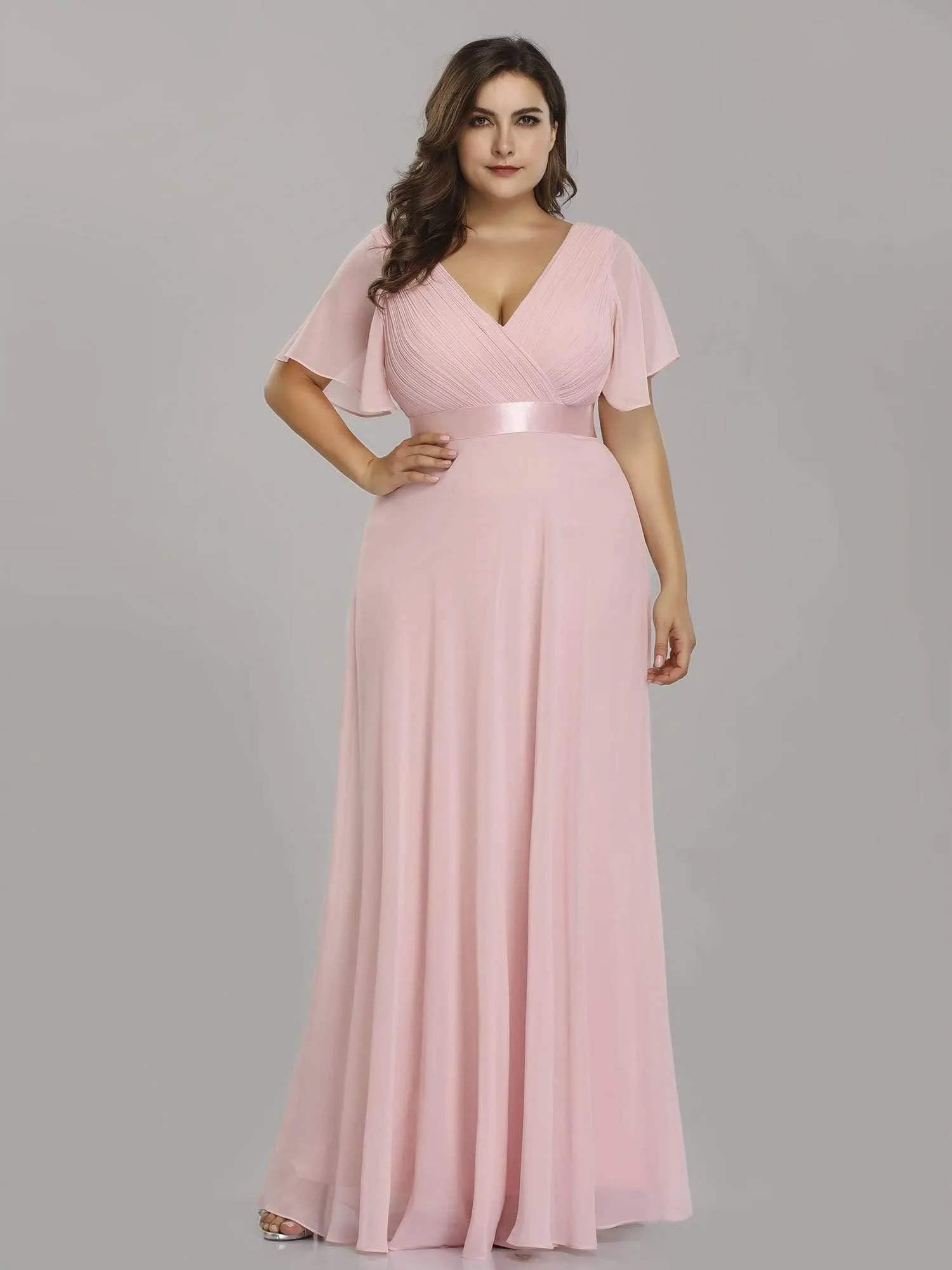 Robe Demoiselle d'Honneur Grande Taille Empire avec Manches Flottantes