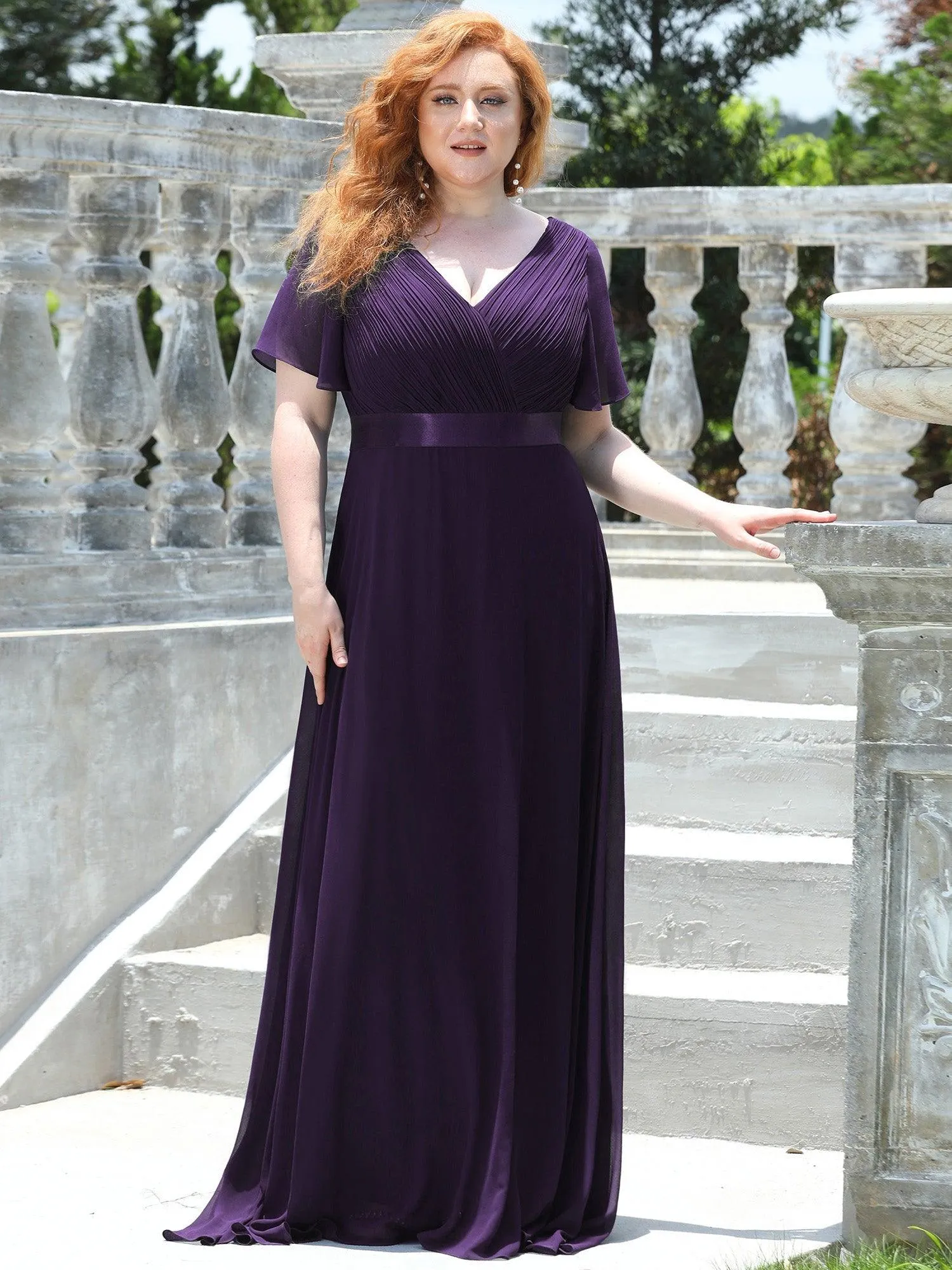Robe Demoiselle d'Honneur Grande Taille Empire avec Manches Flottantes