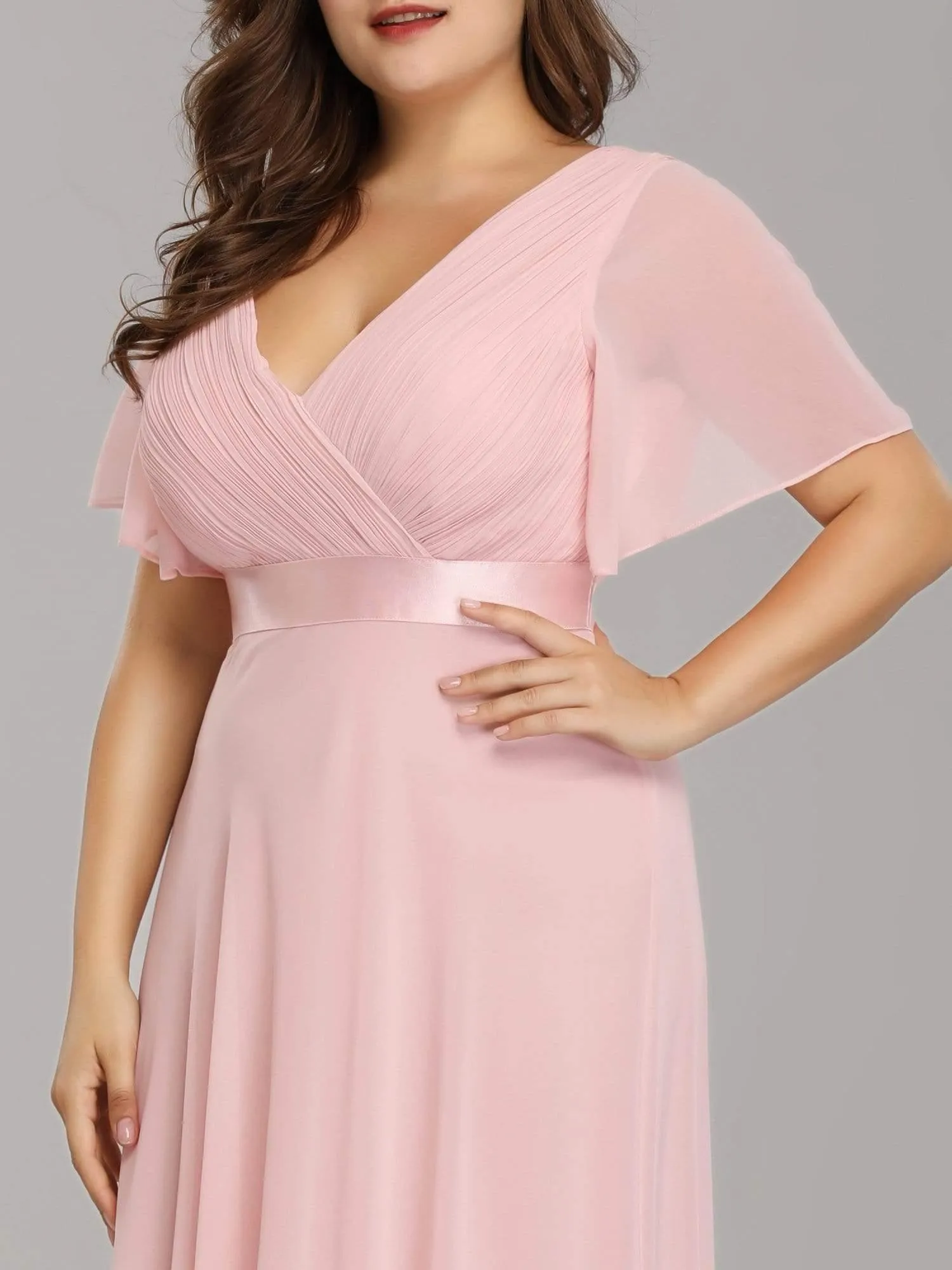 Robe Demoiselle d'Honneur Grande Taille Empire avec Manches Flottantes