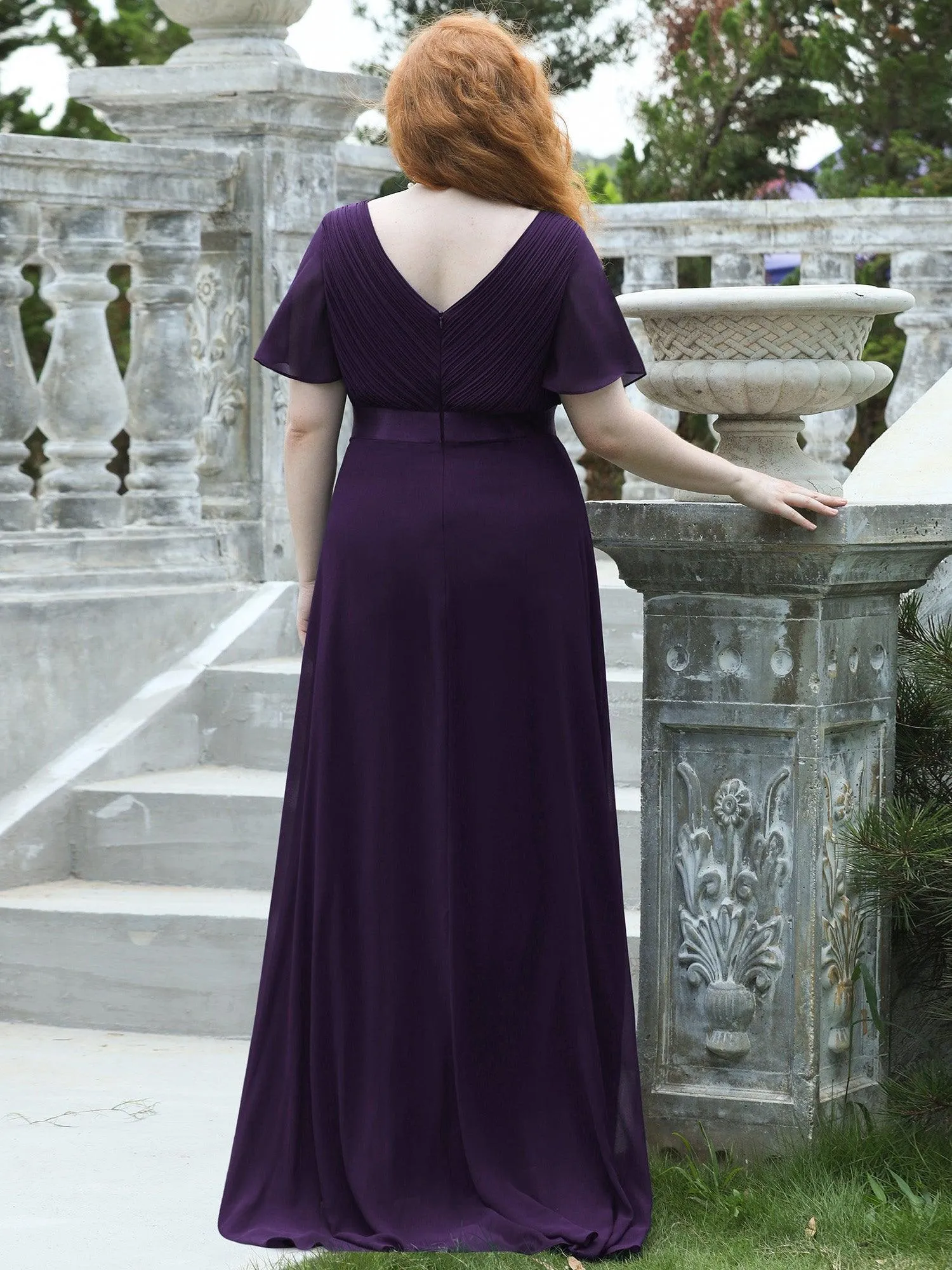 Robe Demoiselle d'Honneur Grande Taille Empire avec Manches Flottantes