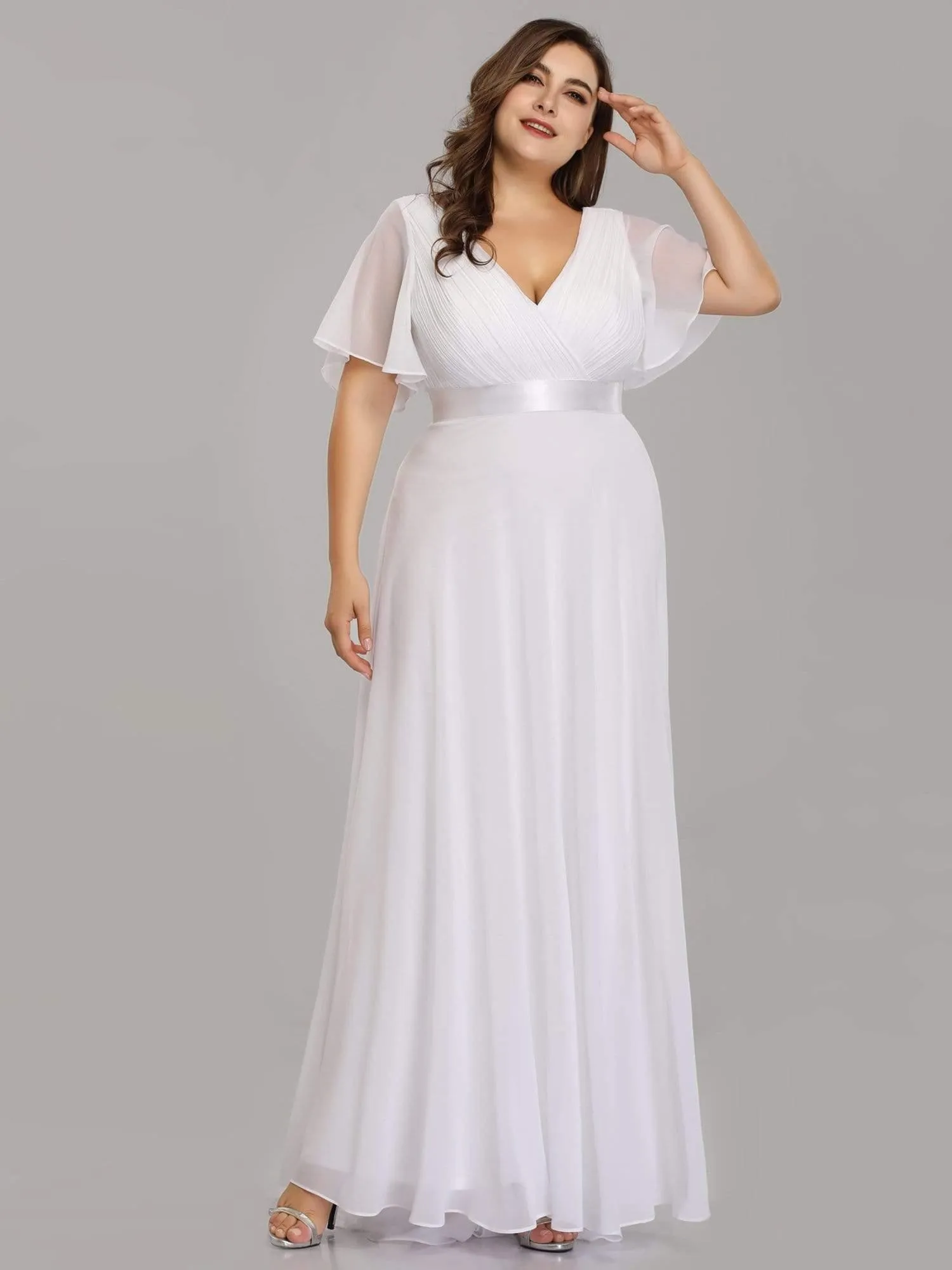 Robe Demoiselle d'Honneur Grande Taille Empire avec Manches Flottantes