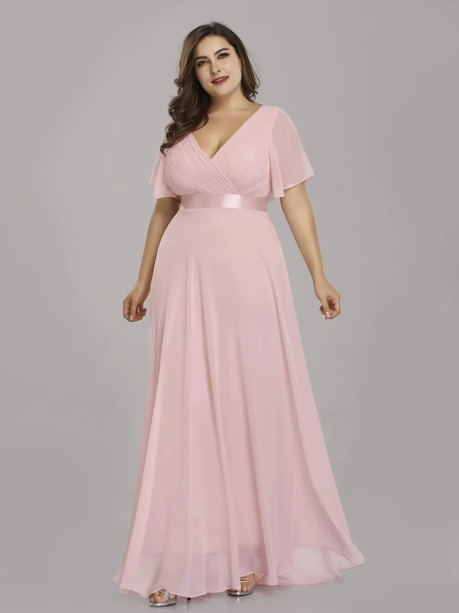 Robe Demoiselle d'Honneur Grande Taille Empire avec Manches Flottantes
