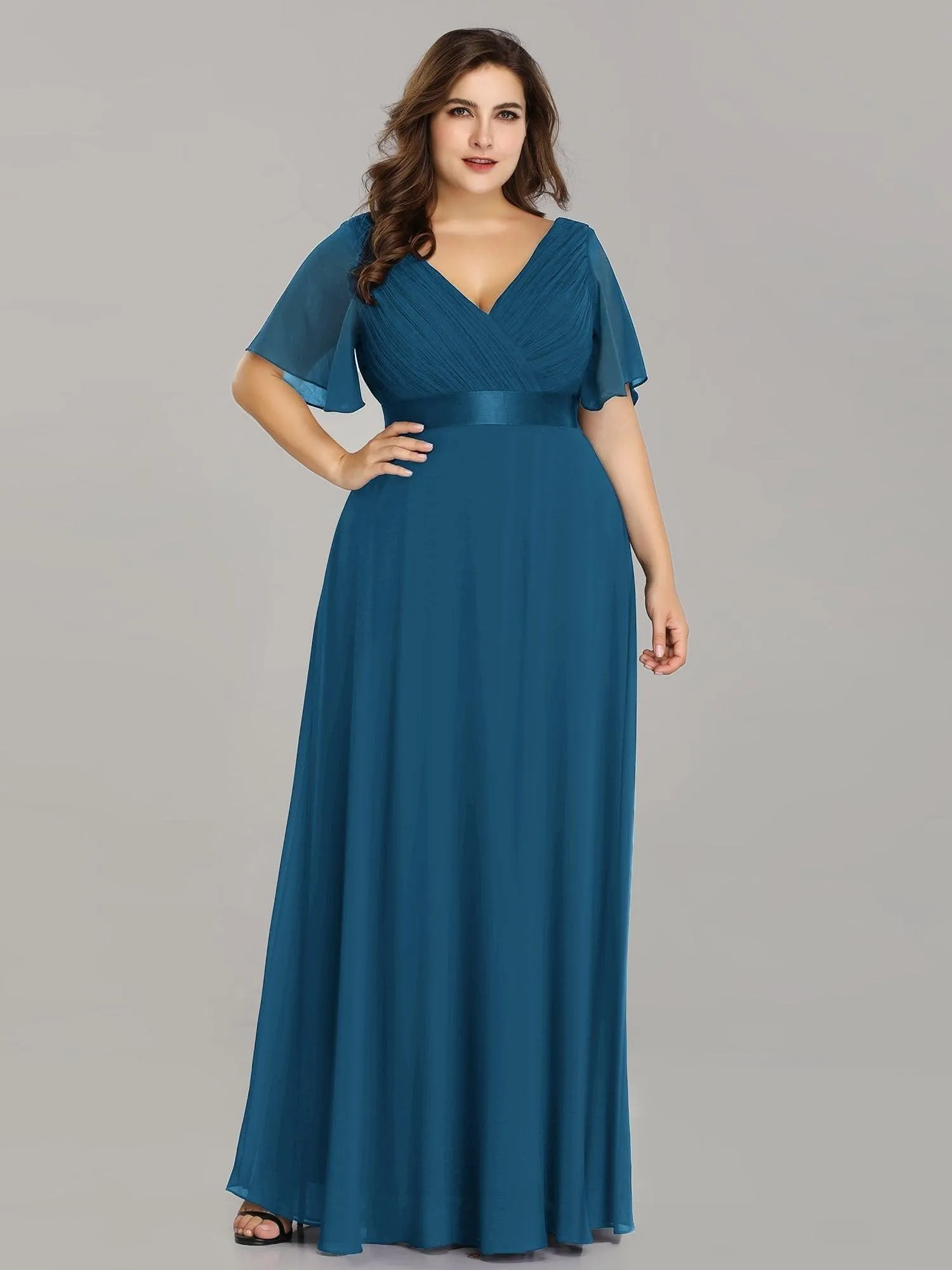 Robe Demoiselle d'Honneur Grande Taille Empire avec Manches Flottantes