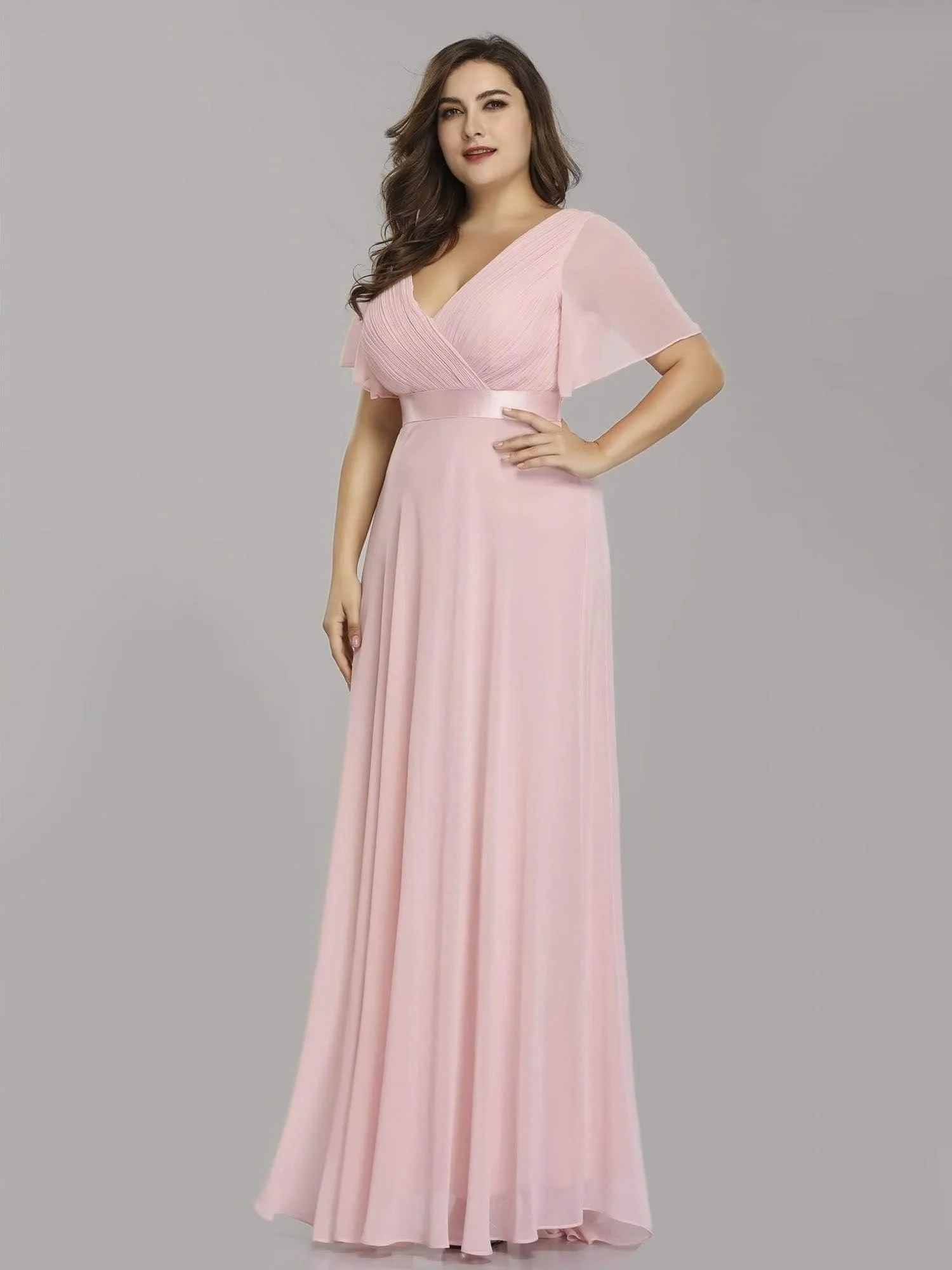Robe Demoiselle d'Honneur Grande Taille Empire avec Manches Flottantes