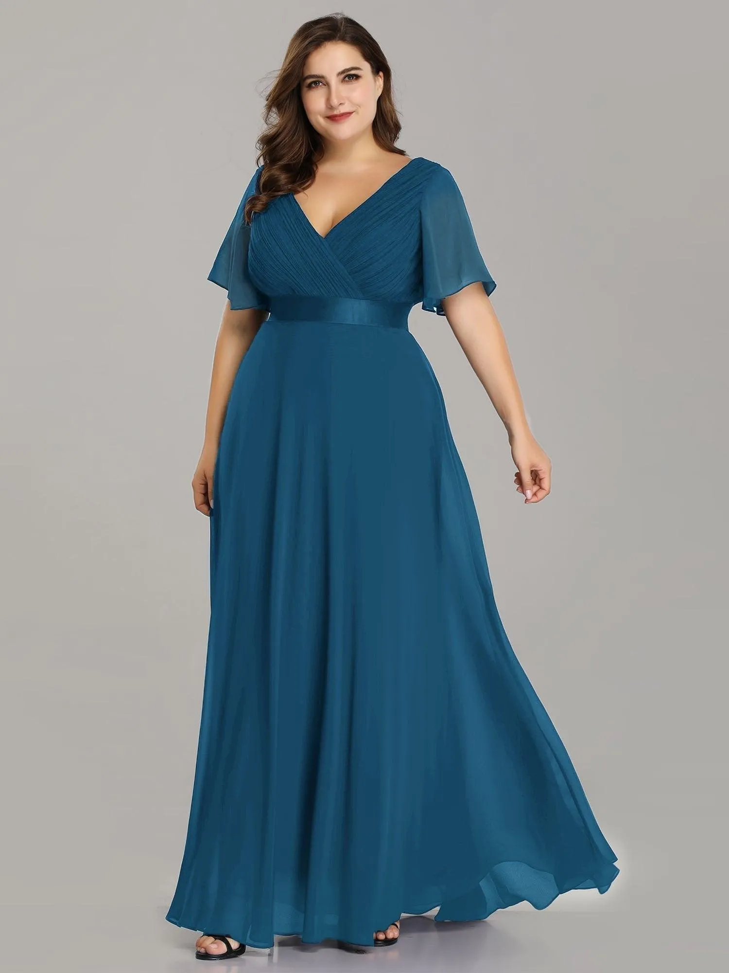 Robe Demoiselle d'Honneur Grande Taille Empire avec Manches Flottantes