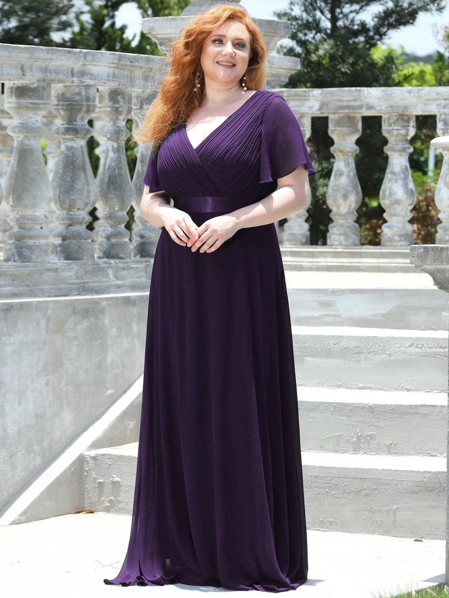 Robe Demoiselle d'Honneur Grande Taille Empire avec Manches Flottantes