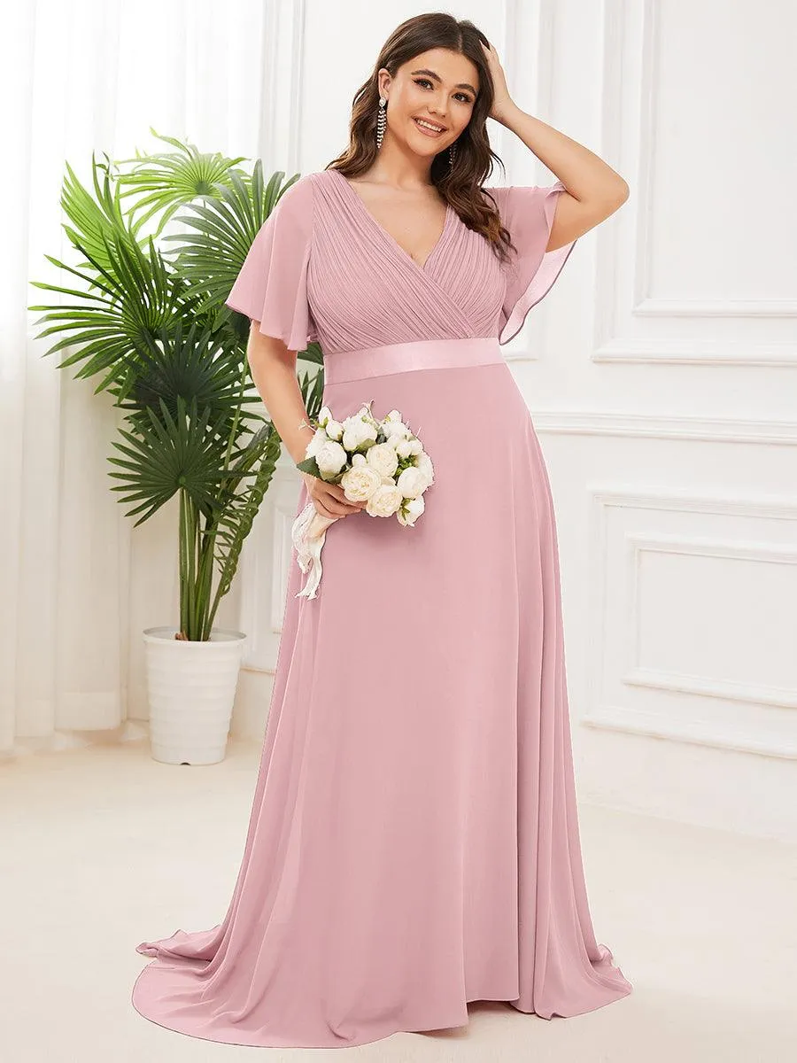 Robe Demoiselle d'Honneur Grande Taille Empire avec Manches Flottantes