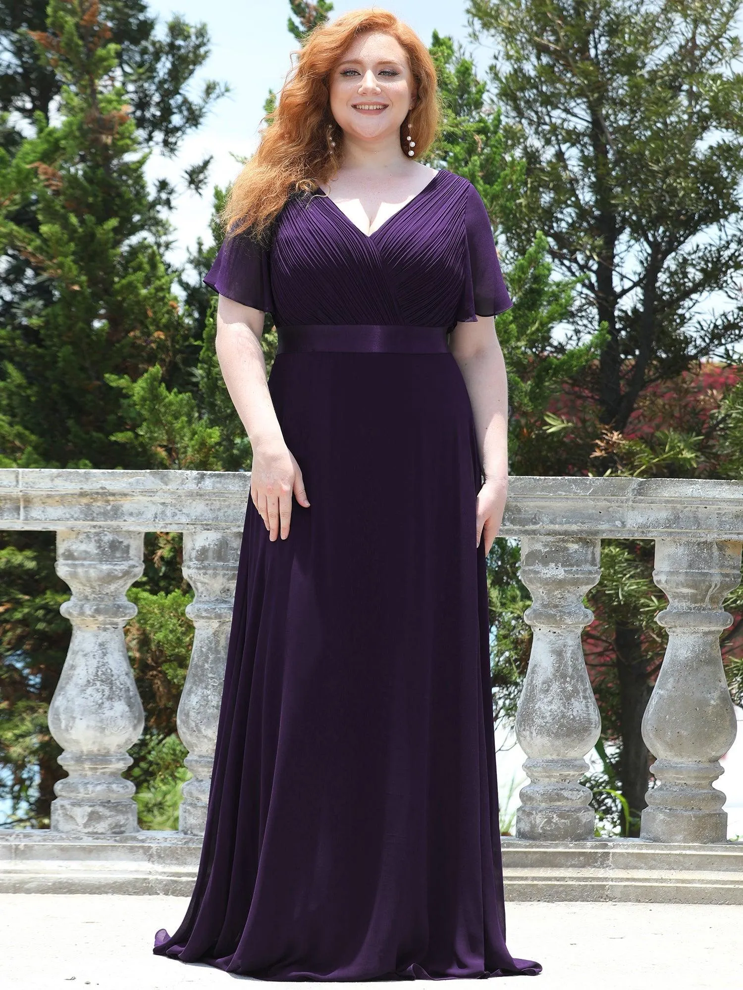Robe Demoiselle d'Honneur Grande Taille Empire avec Manches Flottantes