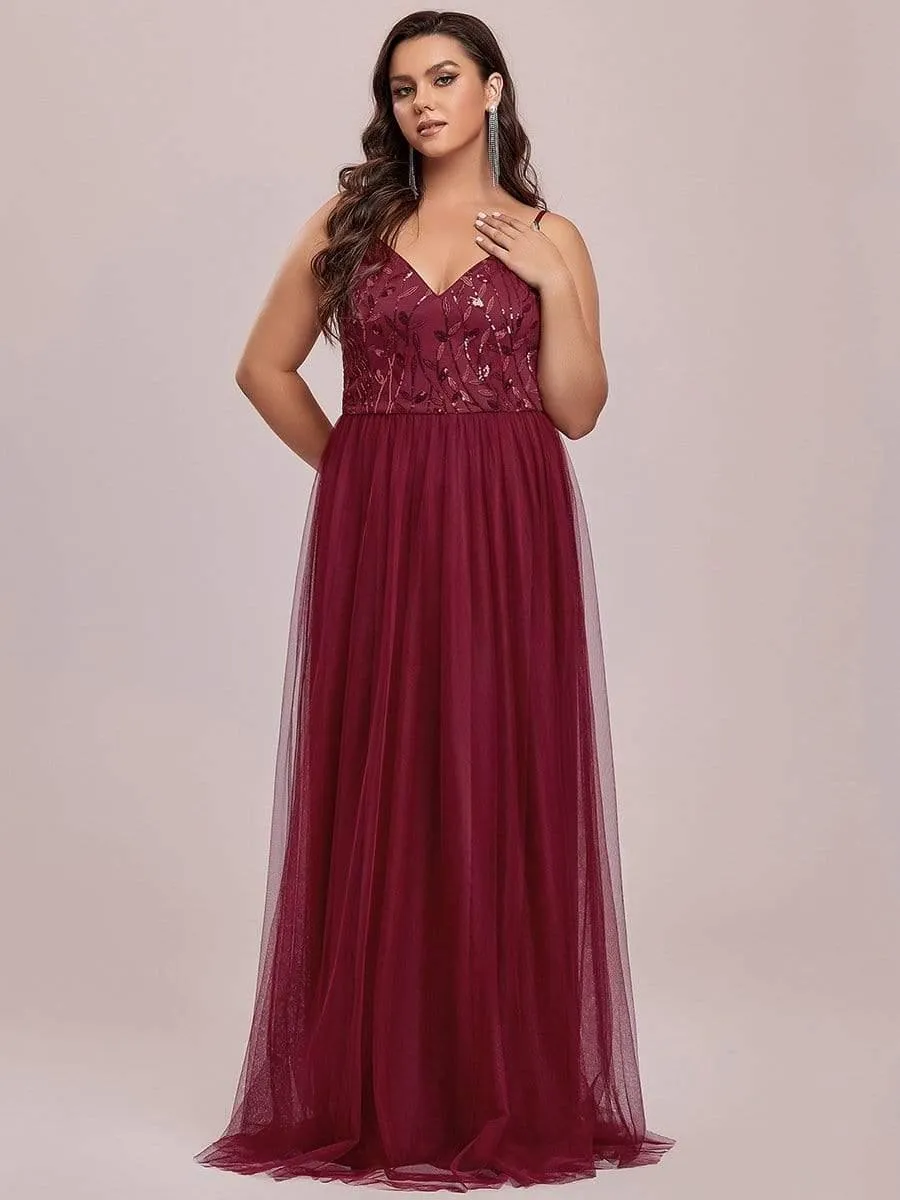 Robe mariage invitée maxi à bretelles minces à sequins et à col en V grande taille