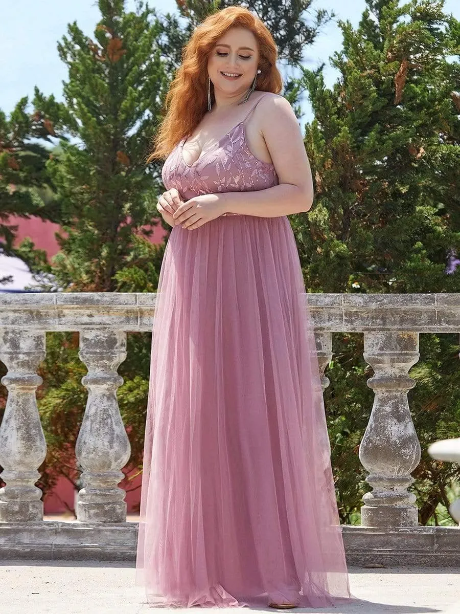 Robe mariage invitée maxi à bretelles minces à sequins et à col en V grande taille