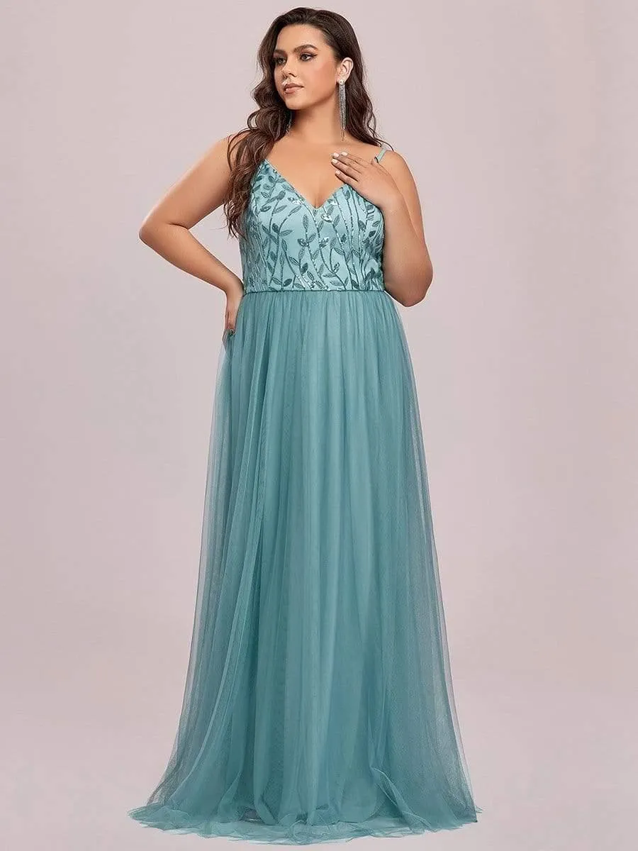 Robe mariage invitée maxi à bretelles minces à sequins et à col en V grande taille