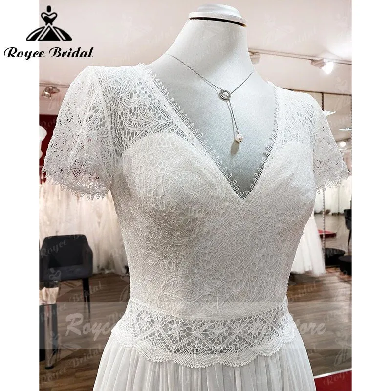 Robe Plunging Wedding Dress Open Back Short Sleeve V Neck Lace Bodice Chiffon Wedding Gowns Custom Made vestido de noiva