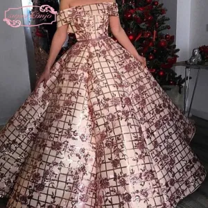 rose gold ball gown prom dresses 2020 off the shoulder elegant sequin sparkle appliqué prom gown