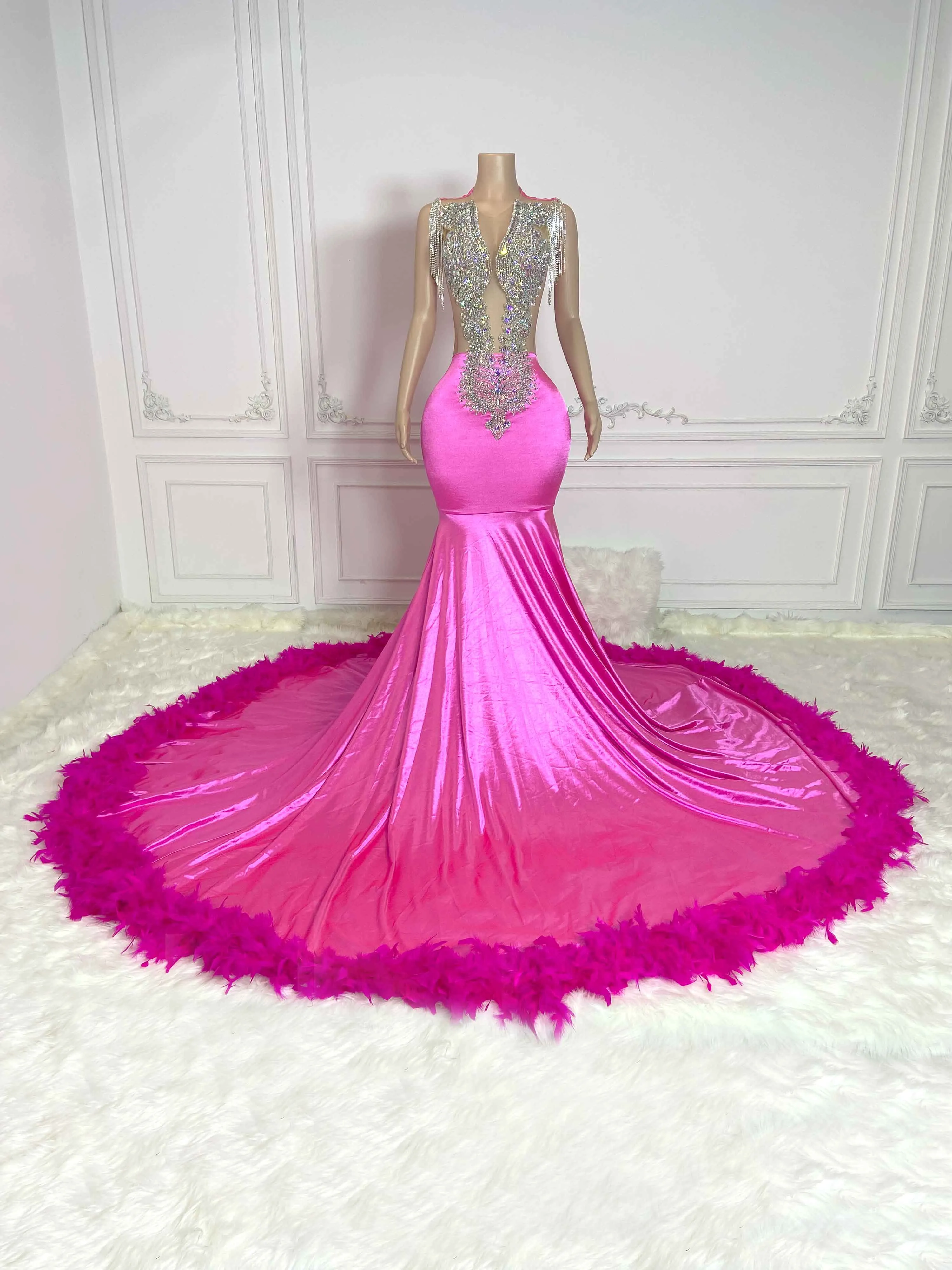 Rosy Fringe and Hem Fur Sleeveless Maxi Gown