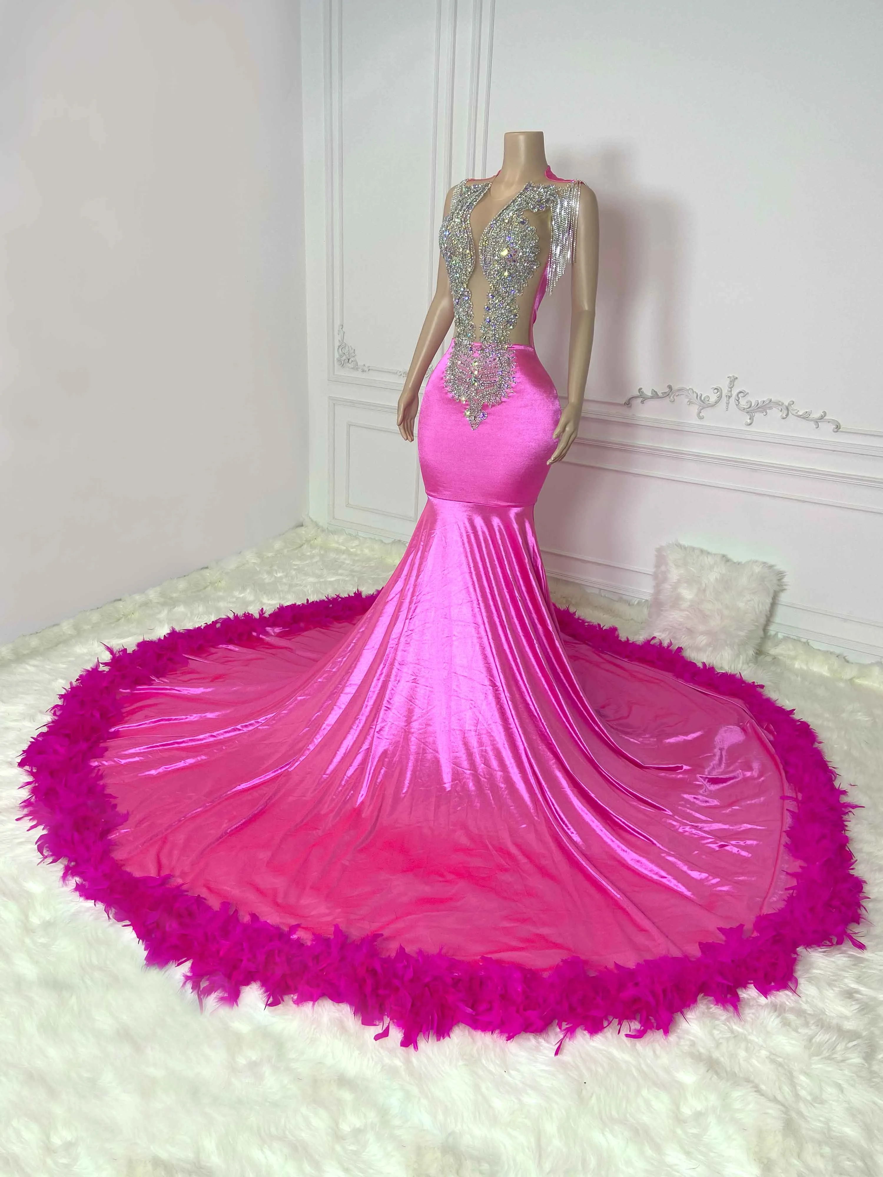 Rosy Fringe and Hem Fur Sleeveless Maxi Gown