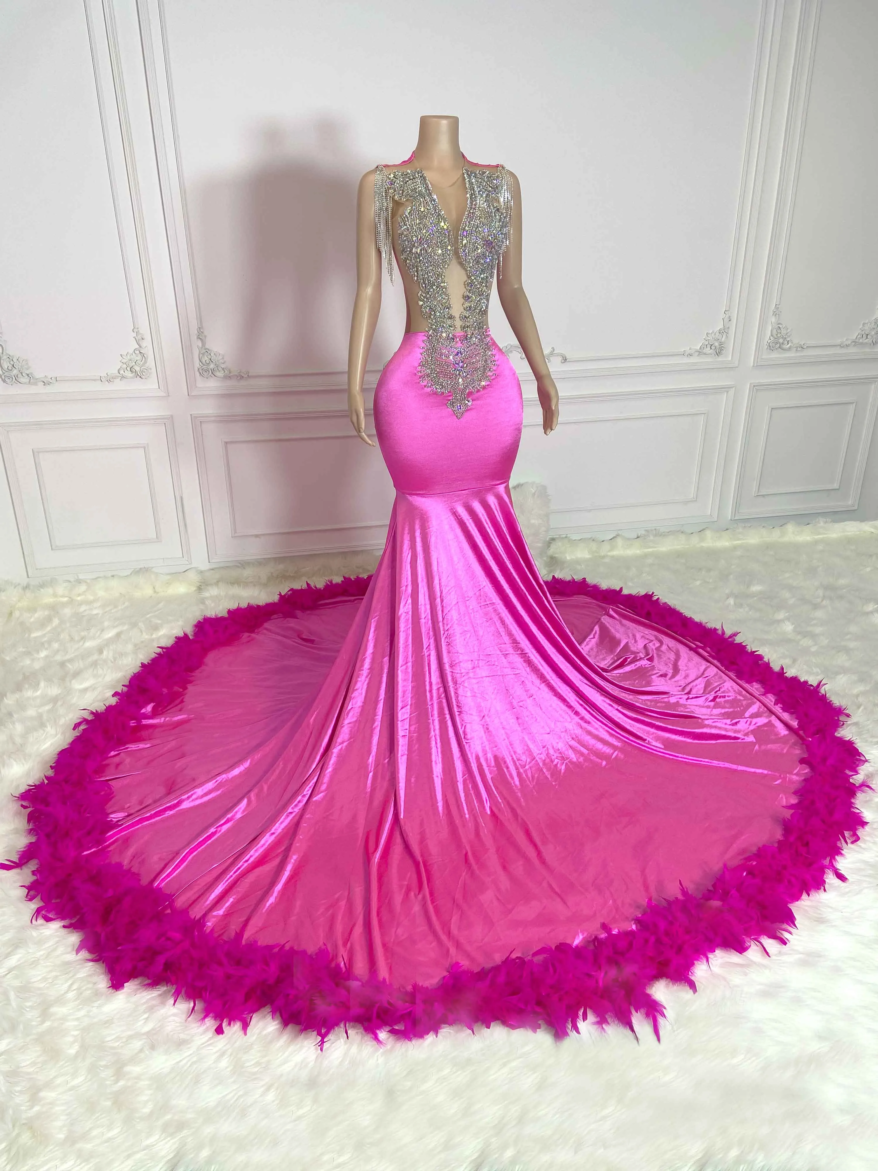 Rosy Fringe and Hem Fur Sleeveless Maxi Gown