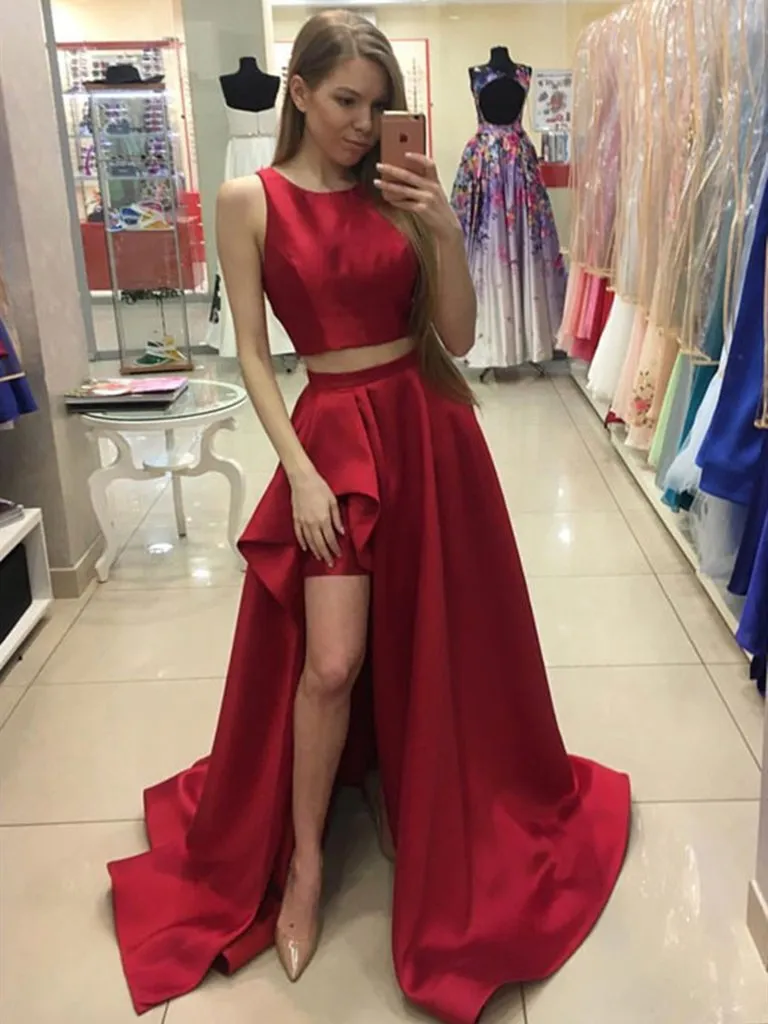 Round Neck Red Two Pieces High Low Satin Long Prom Dresses, Red 2 Pieces Formal Evening Dresses