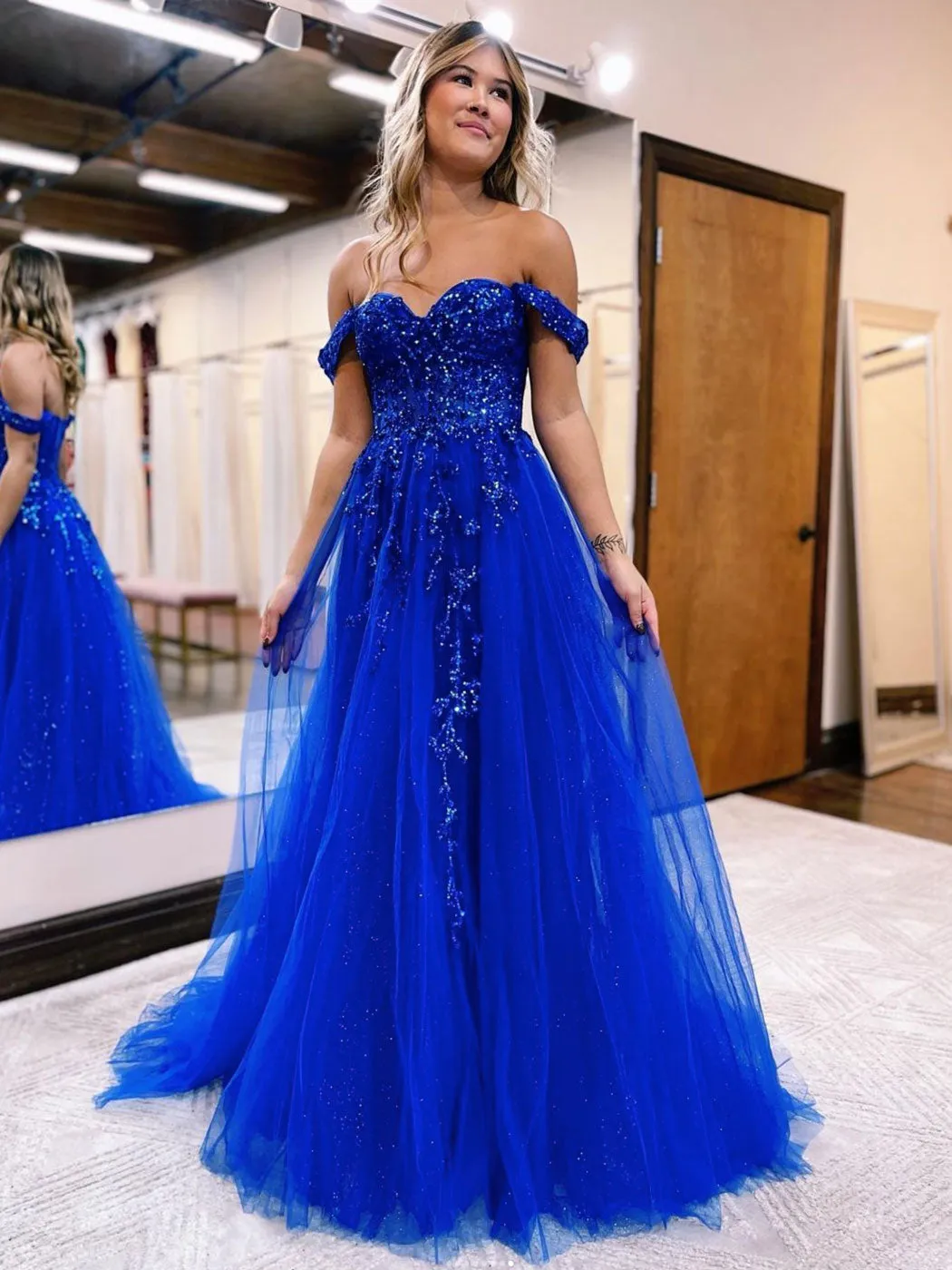 Royal Blue A-Line Tulle Long Prom Dresses, Blue Formal Evening Dresses