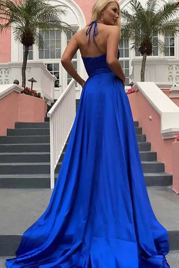 Royal Blue A-line V-Neck Spaghetti Straps Long Prom Dresses With Split, MP657