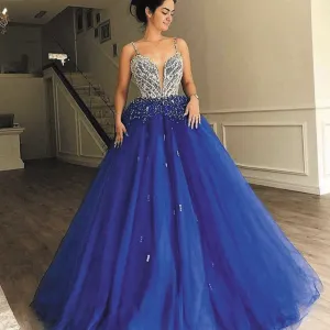 royal blue ball gown prom dresses 2020 spaghetti straps crystals beaded luxury elegant prom gown vestido de graduation