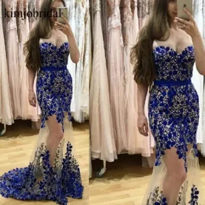 royal blue lace evening dresses 2020 sweetheart neck mermaid modest beaded elegant evening gown 2021