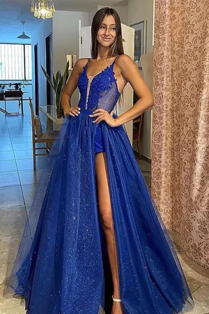 Royal Blue Shiny Tulle A-line V-neck Lace Appliques Long Prom Dresses, MP855