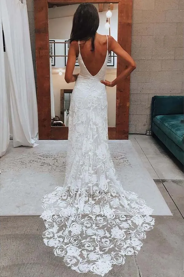 Roycebridal Boho Rose Lace Sweetheart Spaghetti Strap Beach Wedding Dresses, MW511