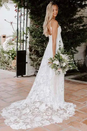 Roycebridal Boho Rose Lace Sweetheart Spaghetti Strap Beach Wedding Dresses, MW511