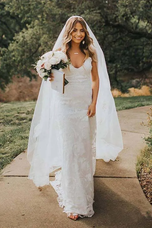 Roycebridal Boho Rose Lace Sweetheart Spaghetti Strap Beach Wedding Dresses, MW511