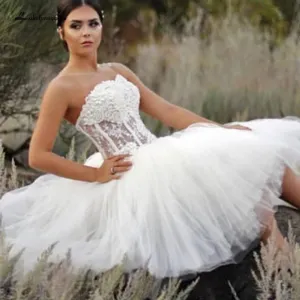 Roycebridal Fantastic Short Strapless Corset Pearl Beaded Bridal Gowns Wedding Dresses