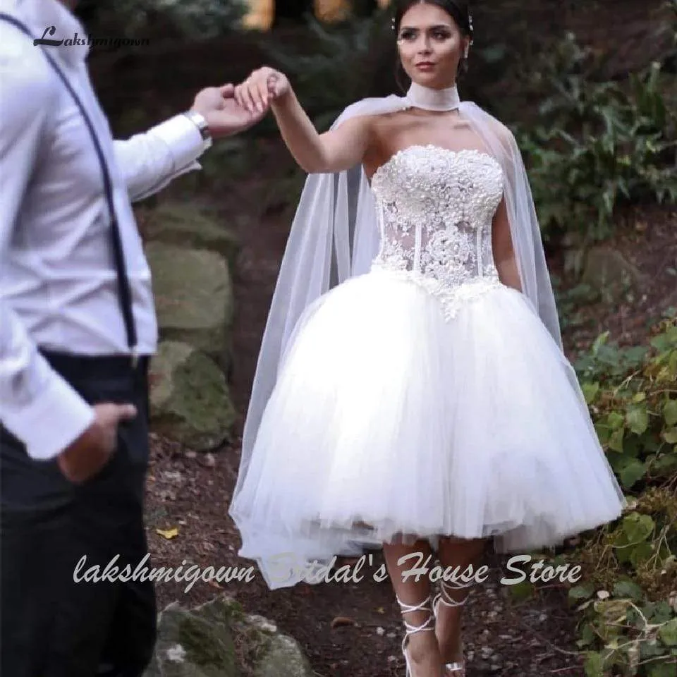 Roycebridal Fantastic Short Strapless Corset Pearl Beaded Bridal Gowns Wedding Dresses