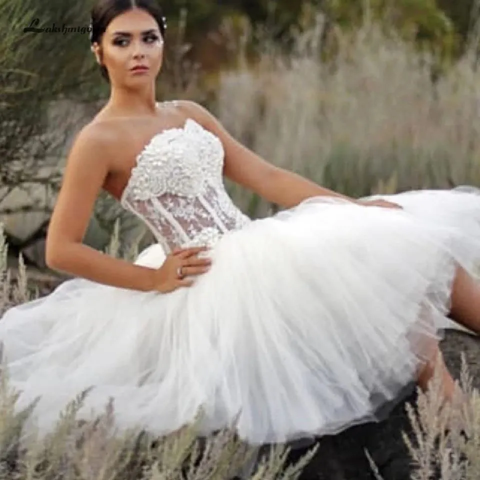 Roycebridal Fantastic Short Strapless Corset Pearl Beaded Bridal Gowns Wedding Dresses