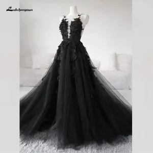 Roycebridal Floral Gothic Black Long Wedding Dress 2020 Sexy Bridal Gown Vestidos de Novia Sexy Tulle Wedding Gowns Trouwjurk Plus Size
