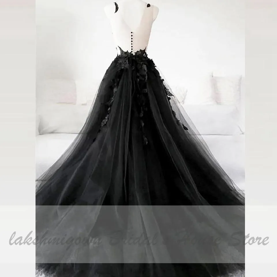 Roycebridal Floral Gothic Black Long Wedding Dress 2020 Sexy Bridal Gown Vestidos de Novia Sexy Tulle Wedding Gowns Trouwjurk Plus Size