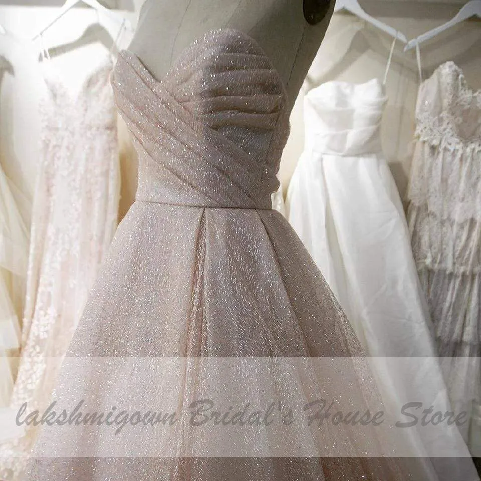Roycebridal Glitter Tulle Blush Pink Wedding Dresses Off the Shoulder