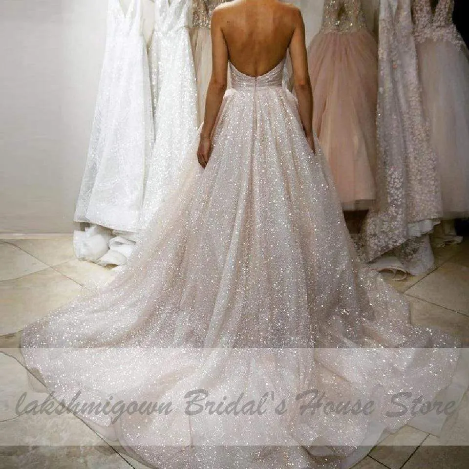 Roycebridal Glitter Tulle Blush Pink Wedding Dresses Off the Shoulder