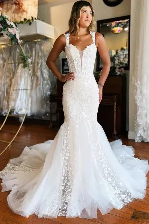 Roycebridal Gorgeous Ivory Tulle Mermaid V-neck Lace Appliqued Wedding Dresses, MW1002